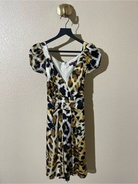 Betsy Johnson Leopard Print V-Neck Puff Sleeve Dress - Brown/Black